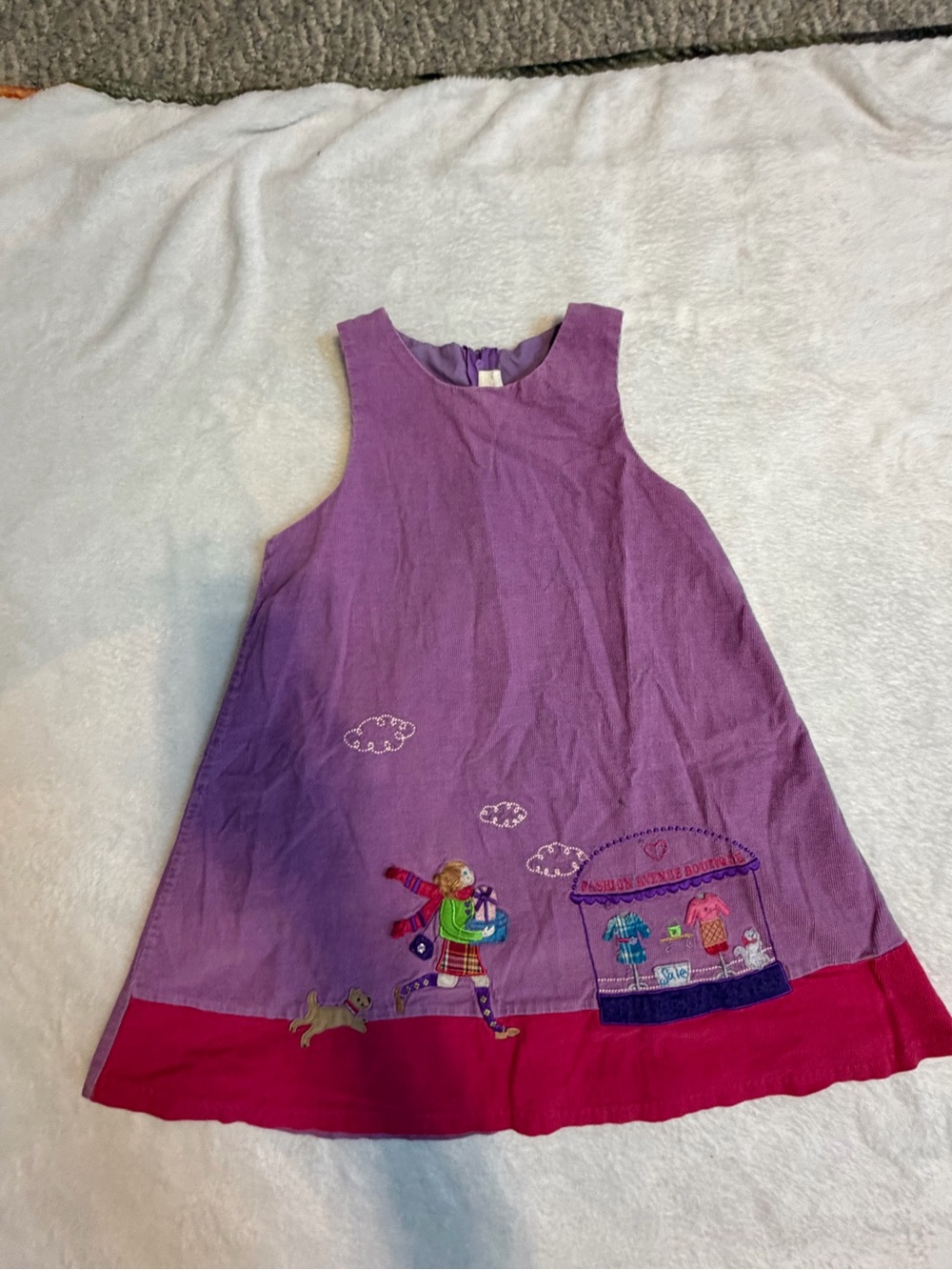 Girls Purple Corduroy Embroidered Shopping Scene Jumper Dress Size 6X